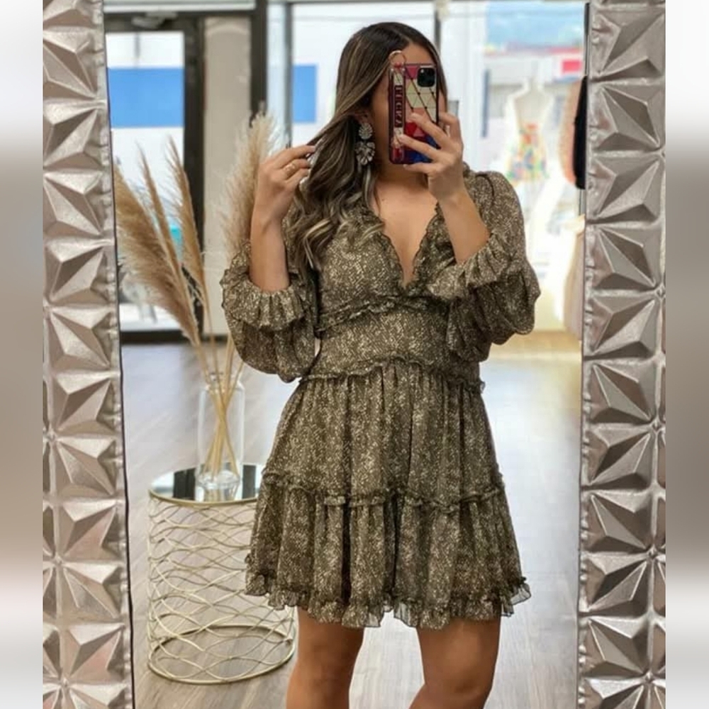 She + Sky Green and Brown Snake Print Lomg Sleeve Mini Dress Sz Medium